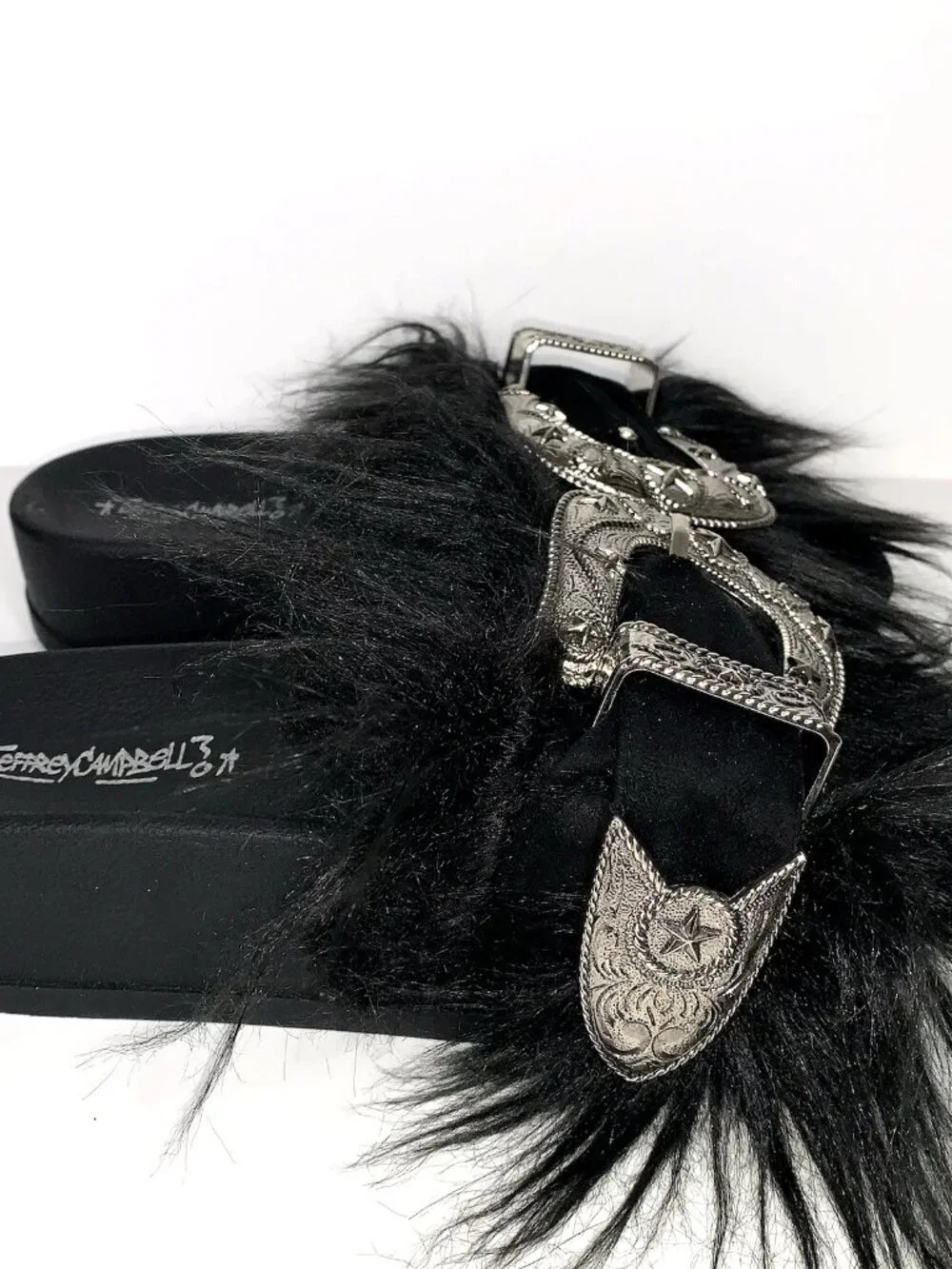 JEFFREY CAMPBELL Black Fur WESTERN BELT BUCKLE Platform SLIDES 9 Whimsygoth Y2K - Picture 4 of 8